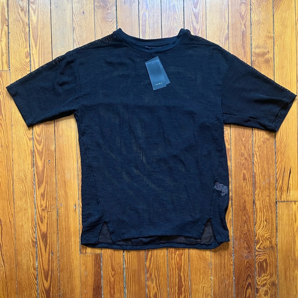 Zara Black Mesh Oversized Top Sz L NWT